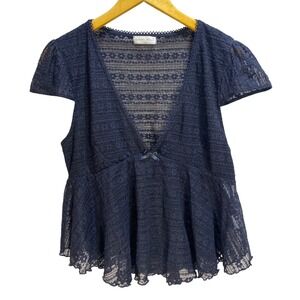 Frankee & Skylarr‎ Sheer Lace Peplum Top XL Black Cap Sleeve V-Neck Whimsygoth